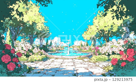 洋風の庭園の背景イラスト、サムネ、ブログ用、Youtube用、素材 129213975