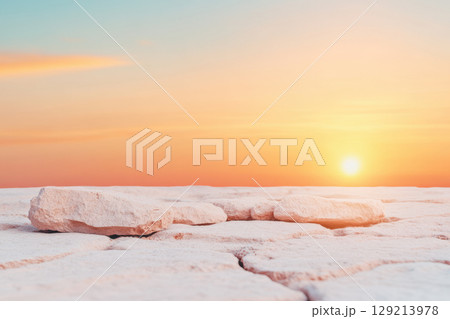 Peaceful desert landscape at sunset with cracked earth and scattered rocks under a vibrant sky, AI Generative Peaceful desert landscape at sunset with cracked earth and scattered rocks under a vibrant sky, AI Generative 129213978