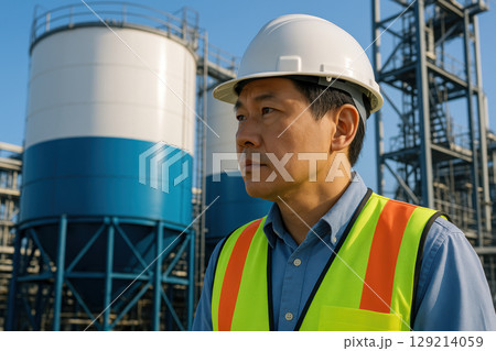 Asian industrial engineer in safety gear inspecting refinery site and storage tanks under clear blue sky during daytime operations, AI Generative 129214059