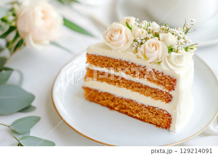 Elegant slice of floral decorated layer cake with white roses and cream filling, AI Generative 129214091