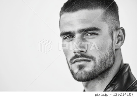 Confident bearded man in leather jacket with intense gaze against minimalist background, AI Generative 129214107