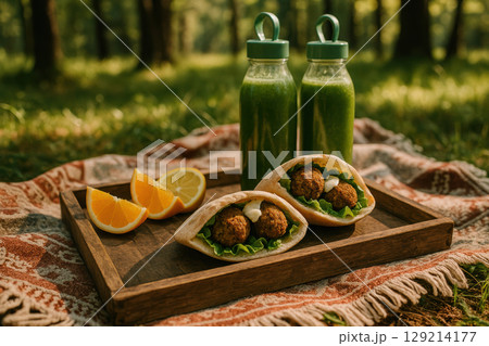 Fresh falafel pita sandwiches with lettuce, orange slices, and green smoothies served outdoors on a wooden tray during picnic, AI Generative 129214177
