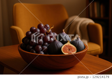 Fresh black grapes and figs arranged in a wooden bowl on a modern table in a cozy living room with warm lighting, AI Generative 129214179