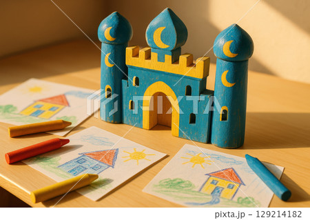 Colorful wooden castle toy surrounded by children's crayon drawings of houses and sunlit outdoor scenes on a wooden table, AI Generative 129214182