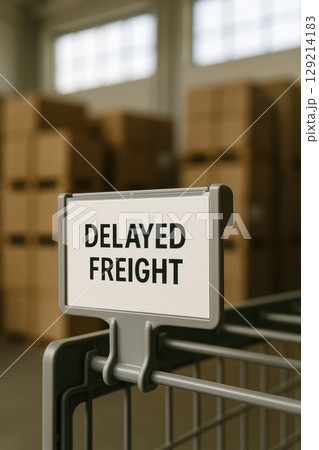 Delayed freight cart in warehouse with stacked cardboard boxes indicating supply chain and logistics challenges, AI Generative 129214183