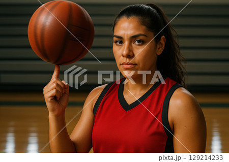 Confident female basketball athlete spinning ball on finger in gymnasium, wearing red jersey with intense focused expression, AI Generative 129214233