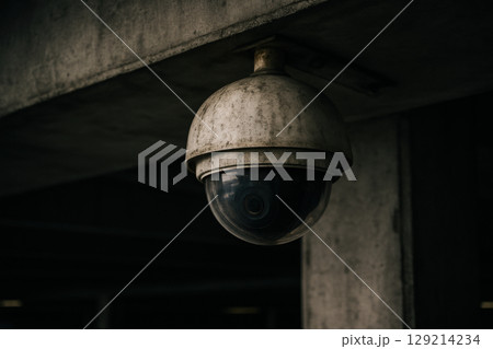 Weathered outdoor security camera mounted under concrete ceiling for surveillance and monitoring in urban industrial environment, AI Generative 129214234
