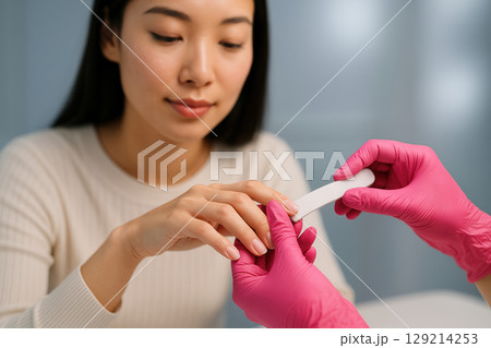 Young woman receiving a professional manicure as gloved hands shape nails with a file in a clean salon environment, AI Generative Young woman receiving a professional manicure as gloved hands shape nails with a file in a clean salon environment, AI Generative 129214253