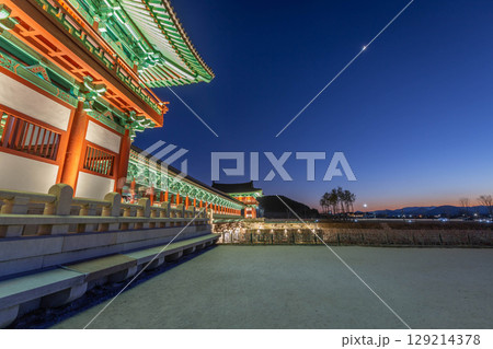 Woljeong Bridge, a bridge over the river, Beautiful traditional architecture at night is Tourist attractions in Gyeongju, South Korea. Woljeong Bridge, a bridge over the river, Beautiful traditional architecture at night is Tourist attractions in Gyeongju, South Korea. 129214378