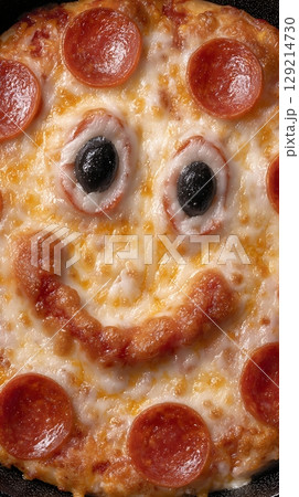 Fun Face Pizza Slice with Pepperoni and Olives for a Happy Meal. 129214730