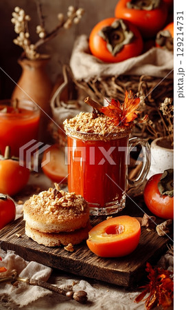 Cozy Autumn Warmth Persimmon Drink and Pastry Still Life. 129214731