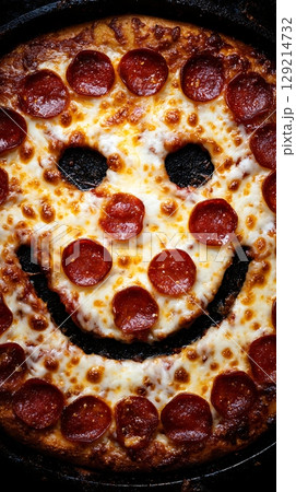 Delicious Pepperoni Pizza Made to Look Like a Happy Face. 129214732