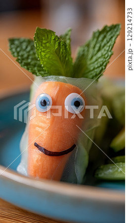 Cute and Healthy Spring Roll Face Makes Mealtime Fun. 129214733