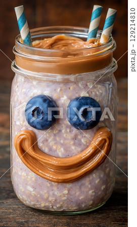 Smiley Face Overnight Oats Jar with Blueberries and Peanut Butter. Smiley Face Overnight Oats Jar with Blueberries and Peanut Butter. 129214810