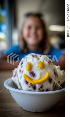 Sweet Treat With a Smiley Face Made of Ice Cream and Fruit. 129214822