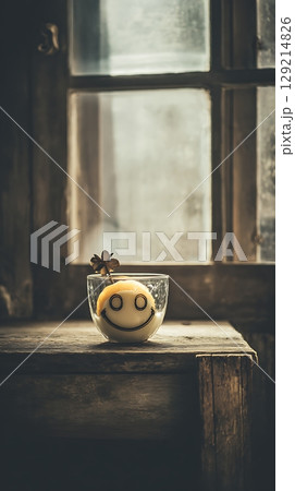 A Happy Treat Smiling Food in a Glass by the Window. 129214826