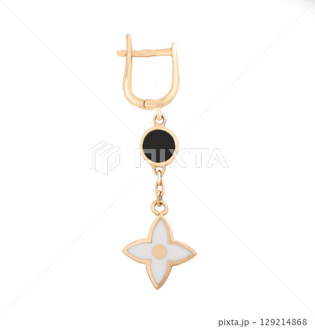 fashion gold earrings fashion stylish elegant jewelry. Golden modern earrings isolated on white background 129214868