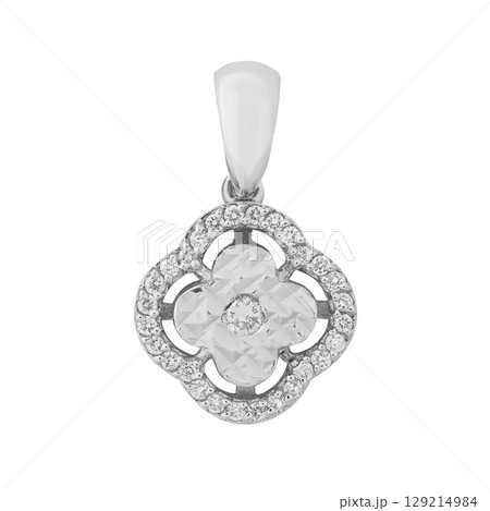 Elegant white gold necklace with diamonds on white background, jewelry 129214984