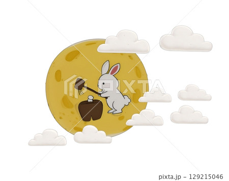 秋の中秋の名月の月見団子の餅つきをする月のウサギ 129215046