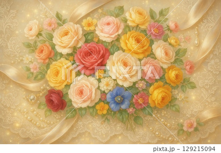 レースとリボンとパール輝くエレガントなウェディング・アレンジメント 129215094