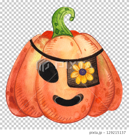 Pumpkin for Halloween, hand painted with watercolors. Illustration for the design of cards, invitations, banners for Halloween. Scary pumpkin with a face Pumpkin for Halloween, hand painted with watercolors. Illustration for the design of cards, invitations, banners for Halloween. Scary pumpkin with a face 129215137