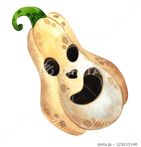 Hand painted watercolor Halloween pumpkin. Creepy smiling white squash. Illustration for Halloween cards, invitations and banners. Hand painted watercolor Halloween pumpkin. Creepy smiling white squash. Illustration for Halloween cards, invitations and banners. 129215140