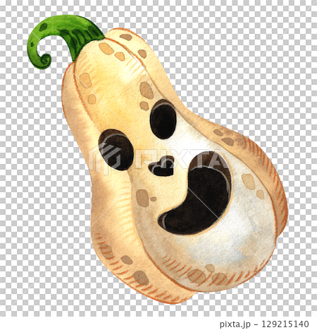 Hand painted watercolor Halloween pumpkin. Creepy smiling white squash. Illustration for Halloween cards, invitations and banners. Hand painted watercolor Halloween pumpkin. Creepy smiling white squash. Illustration for Halloween cards, invitations and banners. 129215140