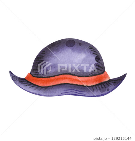 Hand drawn watercolor rounded hat with red ribbon. Illustration in cute and whimsical Halloween style. Hand drawn watercolor rounded hat with red ribbon. Illustration in cute and whimsical Halloween style. 129215144