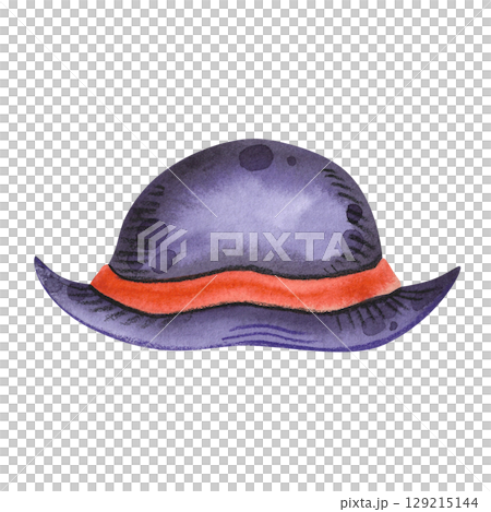 Hand drawn watercolor rounded hat with red ribbon. Illustration in cute and whimsical Halloween style. Hand drawn watercolor rounded hat with red ribbon. Illustration in cute and whimsical Halloween style. 129215144