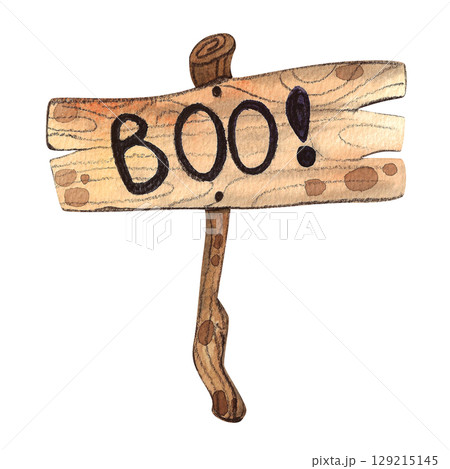 Watercolor illustration of a wooden sign with the word BOO hand drawn. Halloween themed design element hand drawn with rustic wood texture 129215145