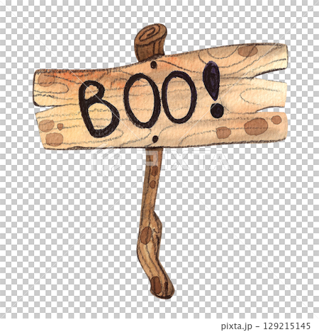 Watercolor illustration of a wooden sign with the word BOO hand drawn. Halloween themed design element hand drawn with rustic wood texture 129215145