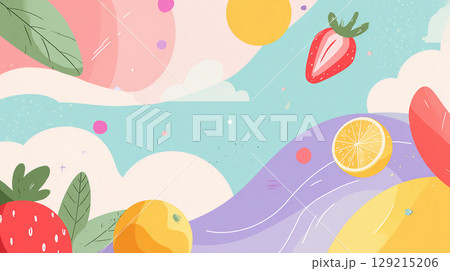 フルーツと夏空が彩る明るくポップな抽象イラスト背景 フルーツと夏空が彩る明るくポップな抽象イラスト背景 129215206