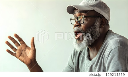 極端な驚きを表現する高齢男性のスタジオポートレート三 - Generative AI 129215259