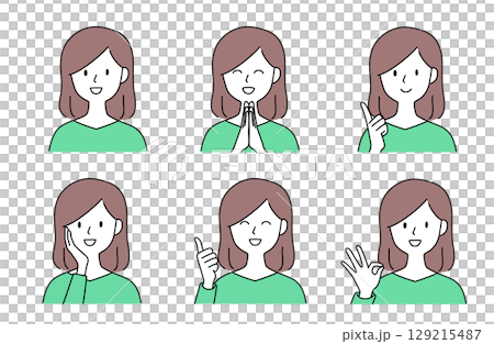 一組插圖,描繪了一位中長髮女性用各種手勢表達正面情緒 一組插圖,描繪了一位中長髮女性用各種手勢表達正面情緒 129215487