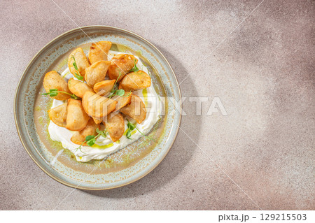 Golden fried dumplings served on a bed of creamy sauce and garnished with microgreens. top view. copy space 129215503