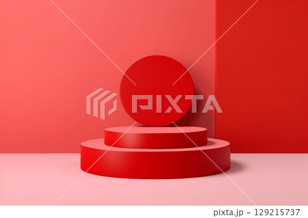 3D red cylindrical podiums. Pedestal stairs. Perfect for product displays, showrooms, and festive presentations. Generated AI 129215737