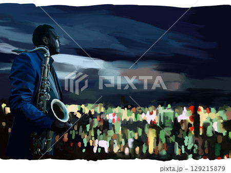 香港の夜景とJAZZプレイヤー 129215879