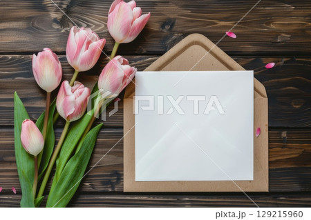 A bouquet of pink tulips and an envelope on a wooden table. AI-generated content. 129215960
