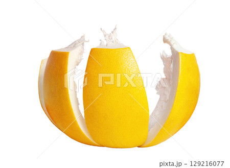 Pomelo sliced skin isolated on white background. Orange peel to throw in trash 129216077