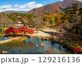 池と紅葉に囲まれた白川郷の秋風景 129216136