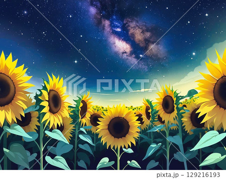 満開のひまわりと天の川の幻想的な風景イラスト 129216193