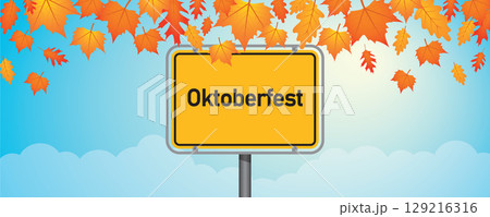 oktoberfest sign on blue sky background with autumn leaves vector illustration 129216316