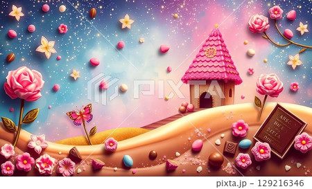 チョコと花と家のメルヘンな風景 チョコと花と家のメルヘンな風景 129216346