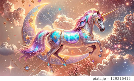 カラフルなユニコーンと三日月 129216413