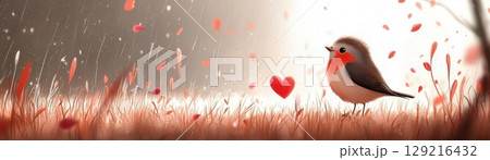 Charming Little Bird Surrounded by Petals and Hearts in a Vibrant Nature Scene 129216432