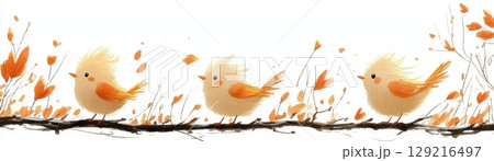 Cute Cartoon Birds with Orange Accents on Branches Surrounded by Autumn Leaves in Pastel Style 129216497