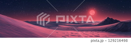 Stunning Cosmic Landscape with Pink Tones and Bright Starry Sky Over Alien Terrain 129216498