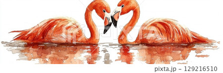 Pair of Orange Flamingos Reflecting in Calm Water in Artistic Style for Nature Lovers Pair of Orange Flamingos Reflecting in Calm Water in Artistic Style for Nature Lovers 129216510