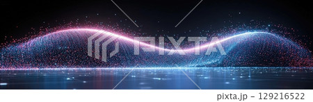 Vibrant Abstract Waves of Light with Blue and Pink Particles in Dark Background 129216522