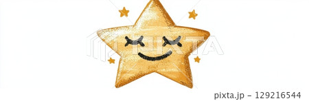 Cheerful smiling star illustration with playful design and bright golden color on white background 129216544